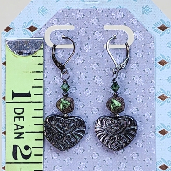 Gunmetal‎ Heart Earrings with Green Accent Beads, Handcrafted - Picture 2 of 2